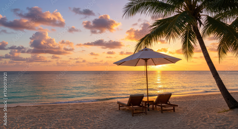 Obraz premium Tropical beach sunset paradise two chairs umbrella palm tree serene ocean view