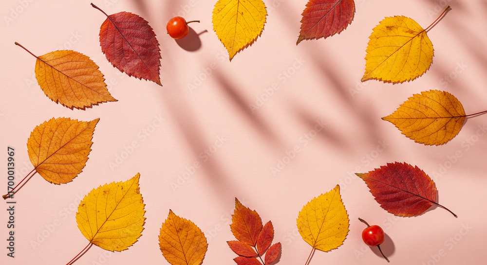 Fototapeta premium Autumn leaves arranged in circle on pastel pink background