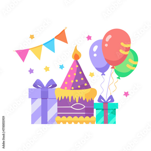Birthday cake, gift box with candles, happy birthday cake, happy birthday clip art, happy birthday clip art vector icon, isolated on a white background.