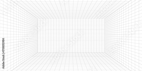 Mesh 3d room. Digital blank space with geometric perspective grid futuristic interior with abstract vector rendering