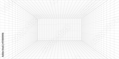 Mesh 3d room. Digital blank space with geometric perspective grid futuristic interior with abstract vector rendering