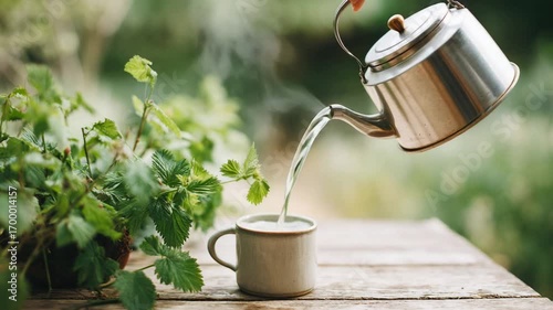 Video of a hand holding a steel kettle pouring water in a cup brewing herbal tea