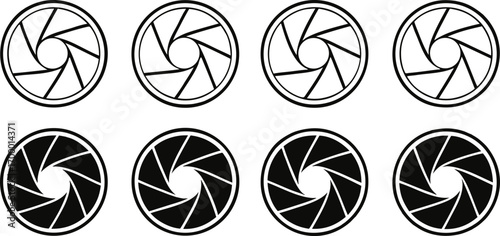 Eight Camera Lens Aperture Illustrations Showcasing Varied Openings and Blade Configurations for Photography and Videography Concepts with Black and White
