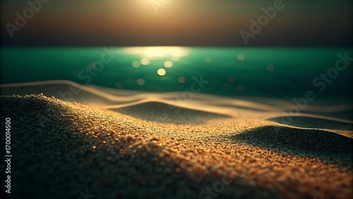 Golden Sand Beach at Sunset: Teal Water, Warm Light, Tranquil Coastal Scene