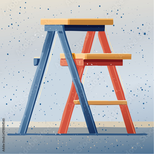 Red And Blue Wooden Step Ladders On Gray Floor