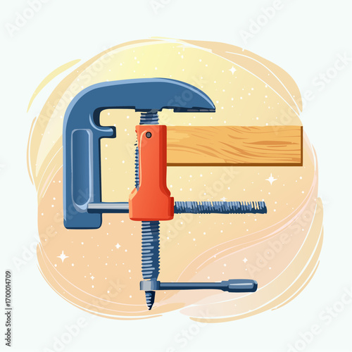 Blue And Red C Clamp Securing Wooden Plank On Orange Background