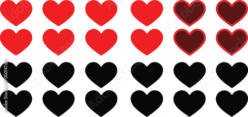 Rows of Symbolic Hearts in Red and Black Representing Love Loss and Other Emotional States of Being
