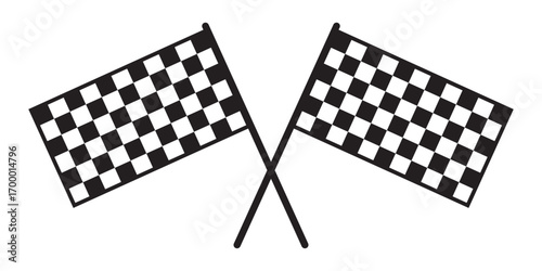 Two crossed race flags. Start or finish sport car competition banners with checkered black and white squares print. Motocross, rally, auto marathon championship pennants. Vector graphic illustration