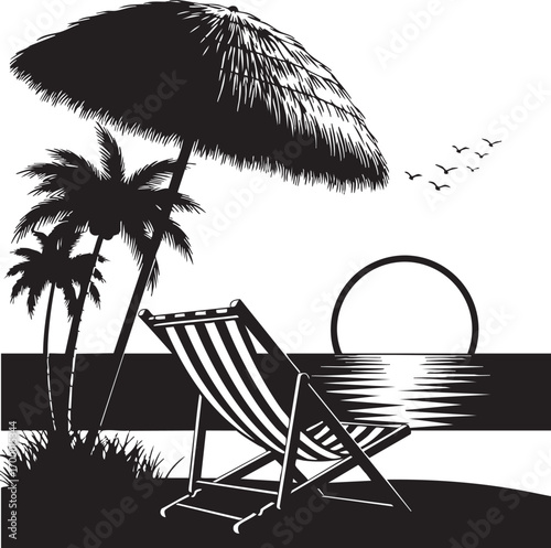 Illustration of a beach scene with a chair and umbrella, evoking a sense of relaxation, vacation, and the beauty of coastal getaways