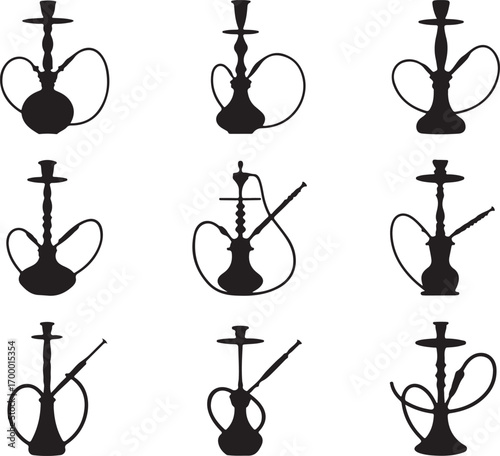 Silhouette Hookah Collection Vector Art Illustration: Middle Eastern Smoking Device Set Isolated