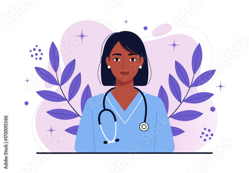 Nurse Portrait with Stethoscope and Leaves Healthcare Professional Illustration