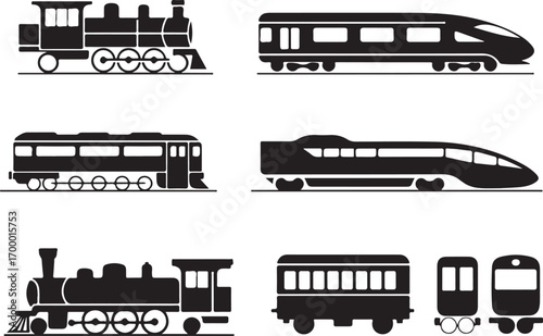 Silhouette Train Collection Vector Art Illustration: Locomotive and Passenger Car Set Isolated