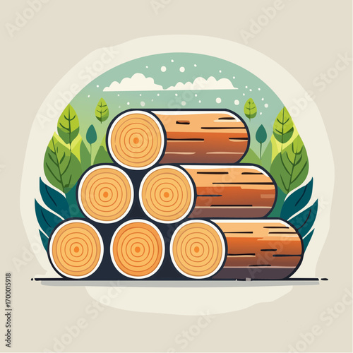 Pile of Logs with Green Leaves and Cloudy Sky Background