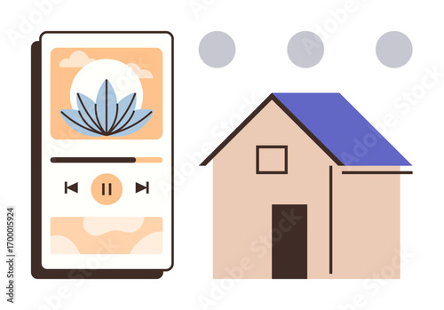 Mobile app with meditation theme and playback controls alongside a simple house with blue roof. Ideal for mindfulness, relaxation, digital wellness, home living, balance, tranquility, simplicity
