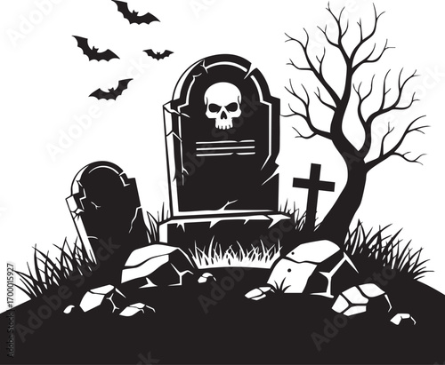 An eerie halloween graveyard scene, featuring tombstones, bats, and a bare tree, creating a spooky and atmospheric design perfect for seasonal projects and decorations