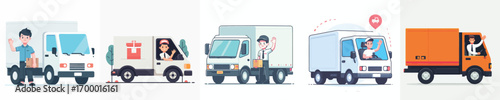 vector of expedition driver delivering packages with box car