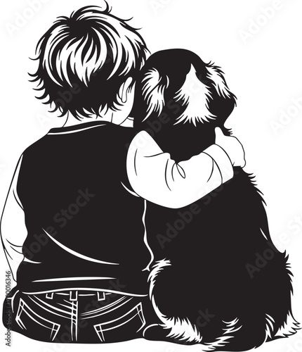 A heartwarming black and white sketch of a young child embracing their loyal dog, the bond between them is palpable, creating a tender and touching scene