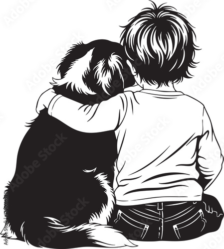 A heartwarming illustration showcases the tender bond between a young child and their loyal dog, depicting friendship, love, and companionship in a simple yet touching scene