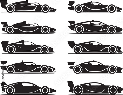 Collection of Formula One Car Icons Featuring Sleek Designs and Racing Vehicle Illustrations