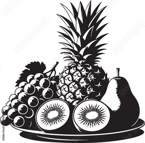 A delightful still life composition featuring a pineapple, grapes, kiwi, and pear arranged artfully on a plate, showcasing natures bounty