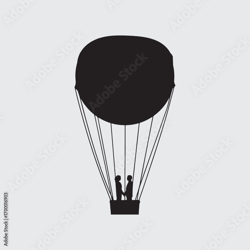 Black hot air balloon with two figures silhouette basket
