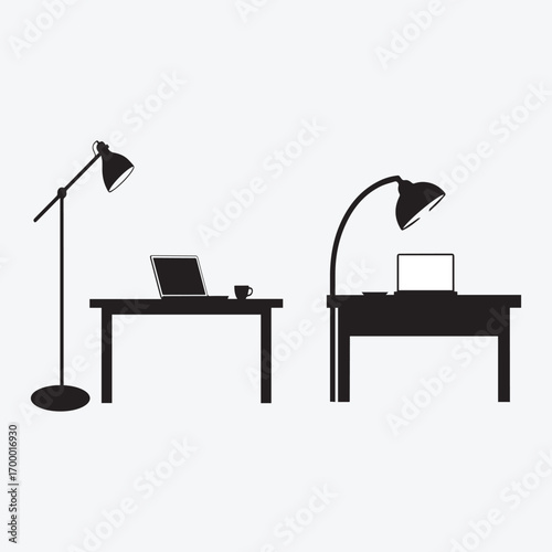 Vector art of two desks with laptops and lamps, black silhouette