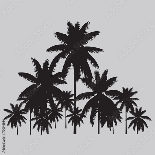 Black palm trees against gray background silhouette