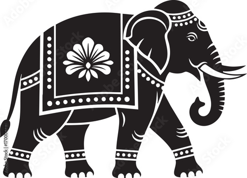 Ornate elephant, adorned with traditional decorations, captured in a striking black and white vector illustration, symbolizing wisdom, strength, and cultural heritage