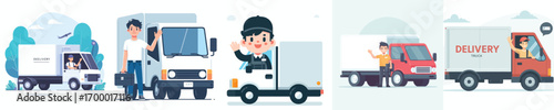 vector of expedition driver delivering packages with box car