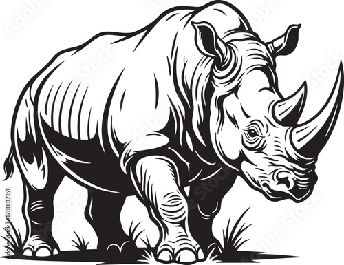 Majestic rhino, a powerful symbol of strength and resilience, captured in a striking black and white vector illustration, showcasing its unique form and grace