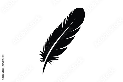 Simple black silhouette of a single feather on a white background