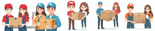 vector of two courier officers lifting goods with enthusiasm