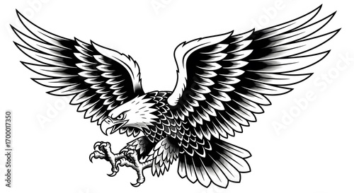 Black and White Eagle Illustration with Outstretched Wings in Artistic Style for Logos or Tattoos