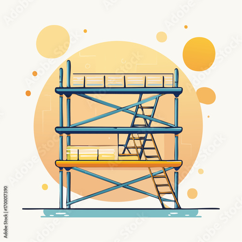 Three Level Metal Scaffolding With Wooden Platforms And Ladders On Yellow Background