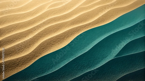 Abstract Sand Dune Texture: Golden and Teal Waves, Serene Coastal Landscape, Minimalist Design.