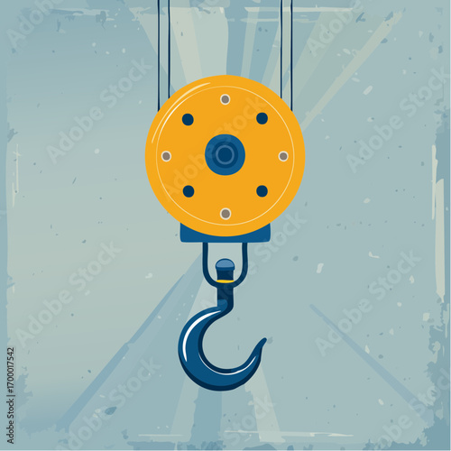 Blue Crane Hook and Yellow Pulley on Blue Textured Background