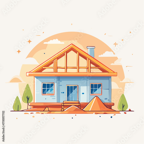 Unfinished Pixel Art House with Wooden Roof Frame at Sunset