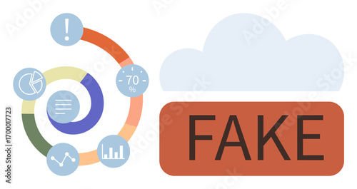Circular data charts, graphs, warning icon, Fake text in the foreground. Ideal for fraud detection, skepticism, analytics, communication, critical thinking decision-making simple flat metaphor