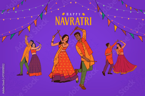 Happy Navratri text with an Indian couple dancing the dandiya  dance vector illustration, Traditional ethnic wear  