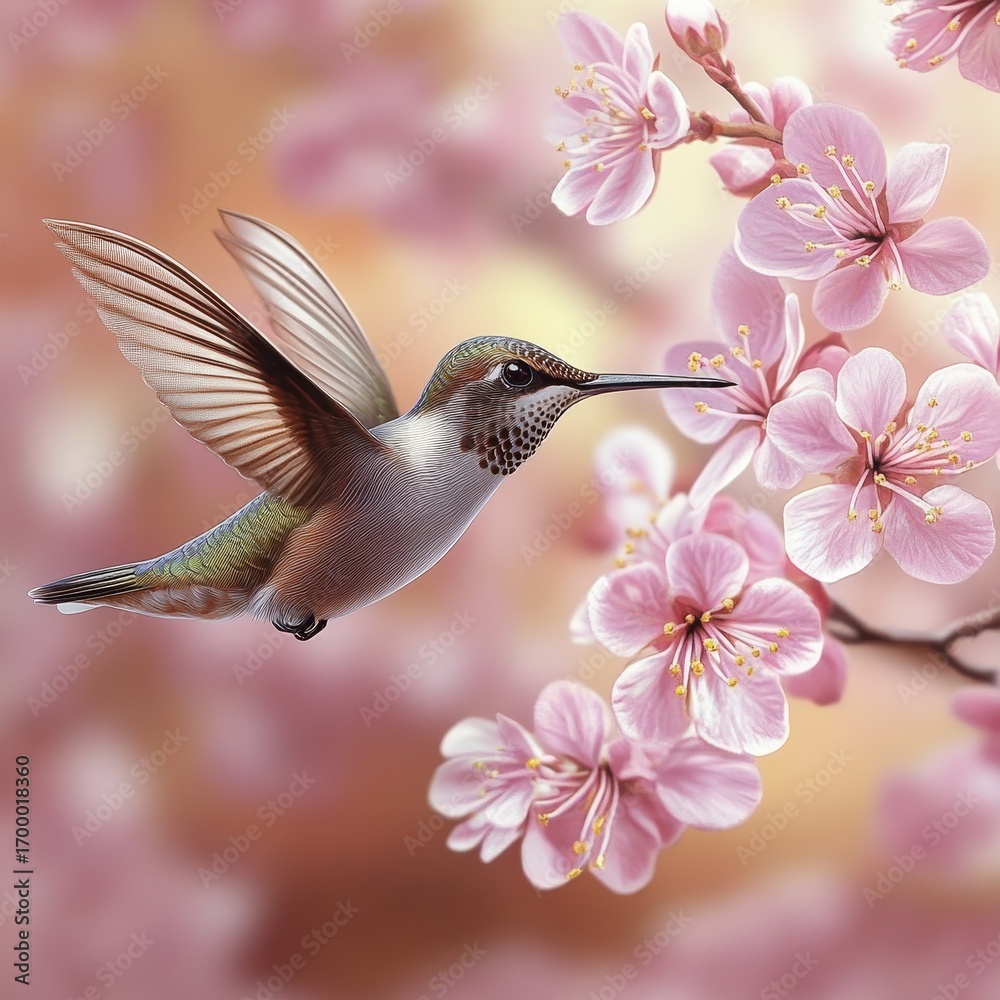 Fototapeta premium Hummingbird s Dance Capturing Nature s Grace as it Sips Nectar from Vibrant Pink Petals in Bloom
