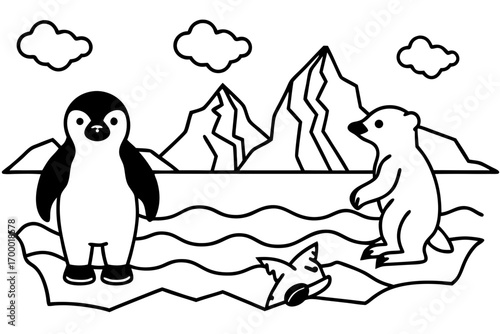 Cute penguins and polar bears playing on ice,  silhouette vector illustration