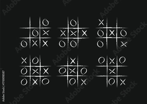 Tic-tac-toe board game vector pack. Six hand-drawn illustrations with x and o symbols. Ideal for kids' projects, educational materials, game apps, and creative backgrounds
