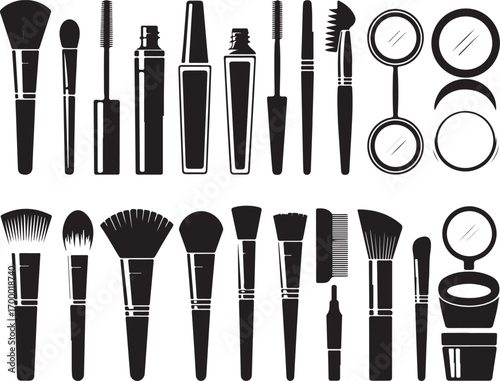 Cosmetic Brush Collection Beauty and Makeup Tools in Various Styles Isolated on Transparent