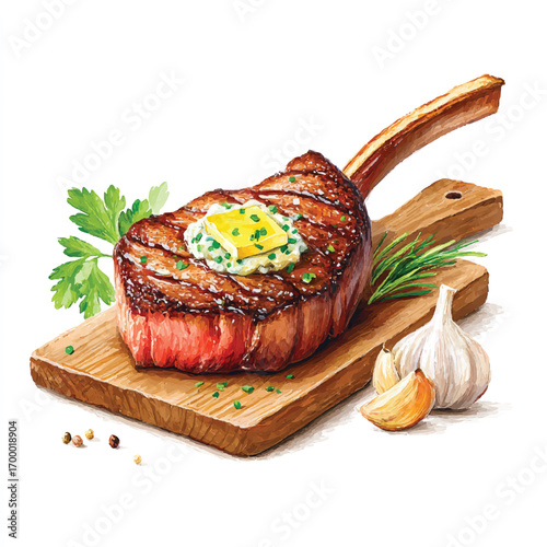 Grilled Tomahawk Steak with Herb Butter on Wooden Board.