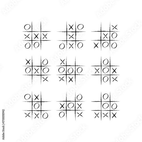 Set of hand-drawn tic-tac-toe games. Features six different outcomes in a simple, doodle style. Perfect for kid's games, educational content, and digital art