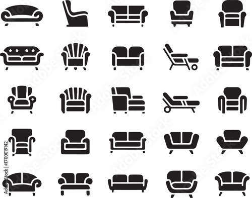 Furniture Sofa Collection Interior Design Elements in Various Styles Isolated on Transparent