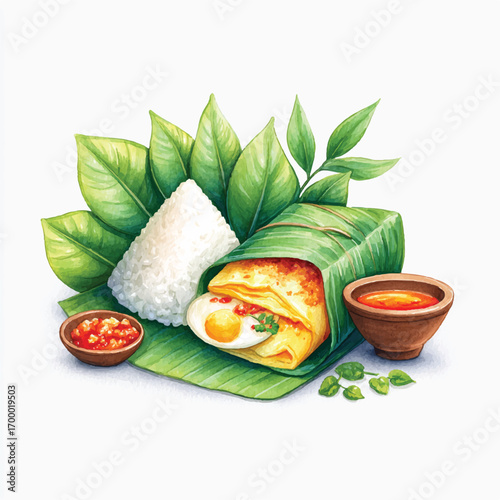 Indonesian Nasi Timbel with Rice Egg and Chili Sauce Wrapped in Banana Leaves.
