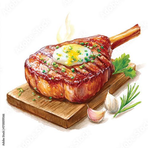 Juicy Tomahawk Steak with Egg and Herbs on Wooden Board.