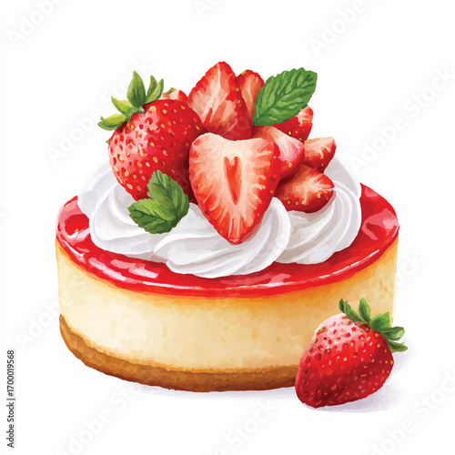 Miniature strawberry cheesecake with whipped cream and fresh mint.