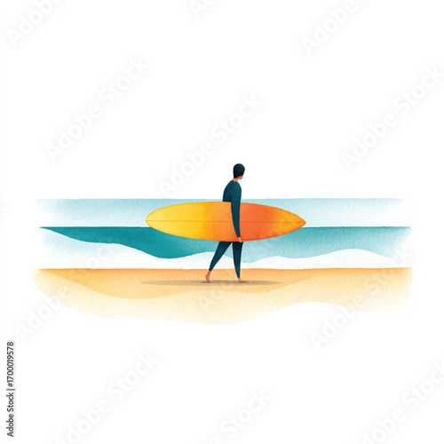 Minimalist illustration of a surfer carrying a colorful surfboard.